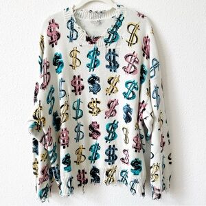 R13 Dollar Sign Oversized Sweater Size Large Distressed Colorful Cotton